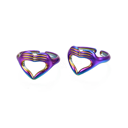 Ion Plating(IP) Rainbow Color 304 Stainless Steel Heart Gesture Open Cuff Ring for Women RJEW-S405-260M-1