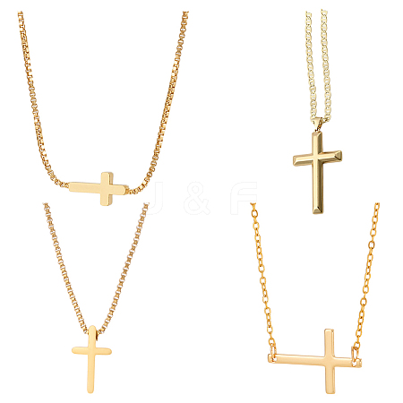 4Pcs 4 Styles Brass & 304 Stainless Steel Sideways Cross Box Chain Necklaces for Women NJEW-UN0001-67-1