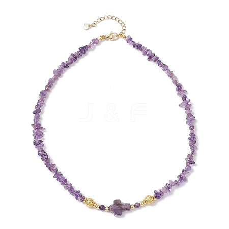 Natural Amethyst Chip with Cross Beaded Necklaces NJEW-JN05513-1