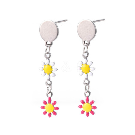 Flower Enamel Long Dangle Stud Earrings EJEW-N049-02A-1