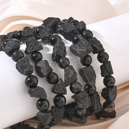 Natural Black Tourmaline Round and Nuggets Beaded Stretch Bracelets GG-CBA0C4C-01-1