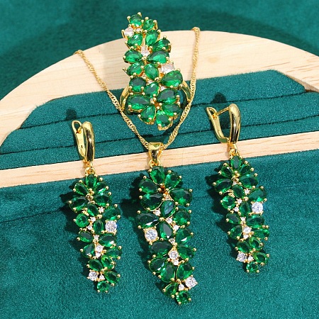 Leaf Brass Cubic Zirconia Pendant Necklaces & Hoop Earrings & Rings Sets FS-WGD46EA-10-1