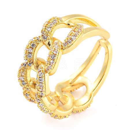 Curb Chains Shape Brass Open Cuff Rings with Cubic Zirconia RJEW-Q781-04G-1