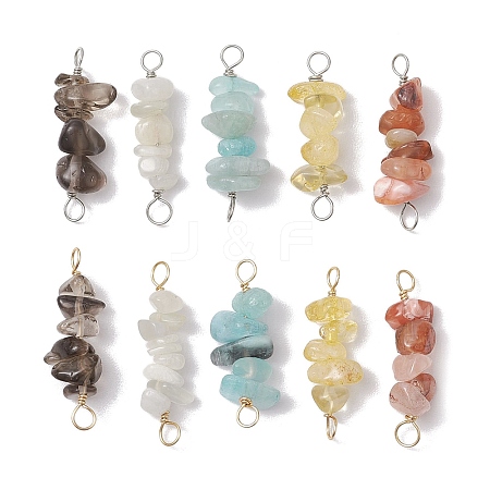 10Pcs 5 Styles Constellation Natural White Moonstone & Aquamarine & South Red Agate & Smoky Quartz & Rose Quartz Copper Wire Wrapped Chip Beaded Connector Charms PALLOY-JF02905-05-1