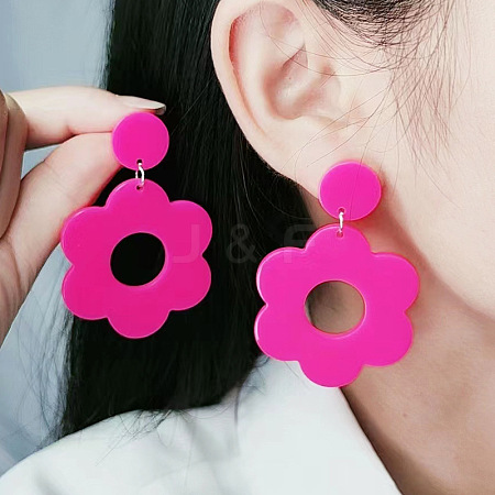 Flower with Flat Round Opaque Acrylic Dangle Stud Earrings FS-WG69462-05-1
