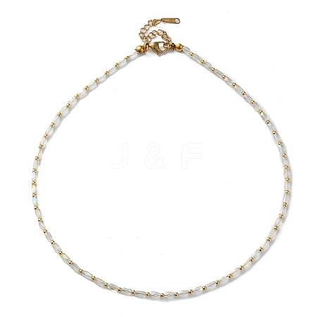 Oval Glass & 201 Stainless Steel Beaded Necklace NJEW-Z029-01A-1