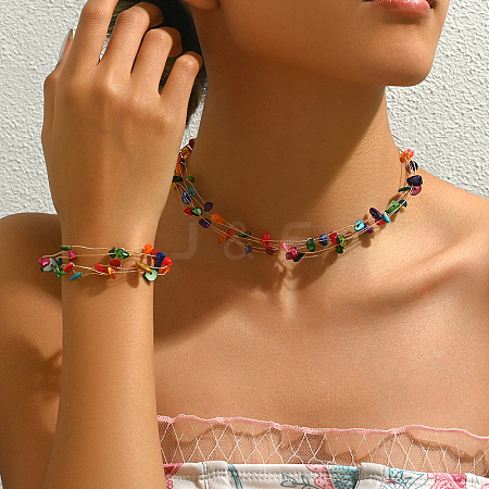 Colorful Natural Gemstone Chips Multilayer Necklace & Bracelet Set IV8007-1