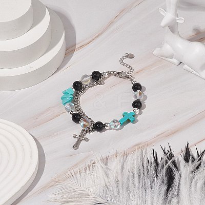 Natural & Synthetic Mixed Stone Beaded Bracelet with Cross Charm BJEW-TA00184-03-1