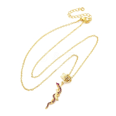 Brass Micro Pave Camellia Cubic Zirconia Flower Snake Pendant Necklaces NJEW-S438-02D-G-1