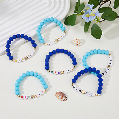 6Pcs 6 Color Word BIG SIS Acrylic & Polymer Clay & CCB Heart Beaded Stretch Bracelets Set BJEW-FI0001-53-1
