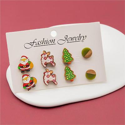 4 Pairs Santa Claus & Deer & Christmas Tree Printed Wood Stud Earrings EJEW-OY001-05-1