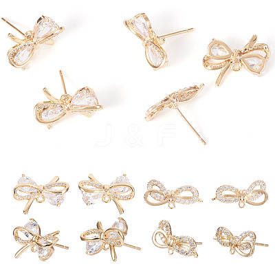 4 Pairs 2 Styles Brass Micro Pave Clear Cubic Zirconia Stud Earring Findings KK-TA0002-63-1