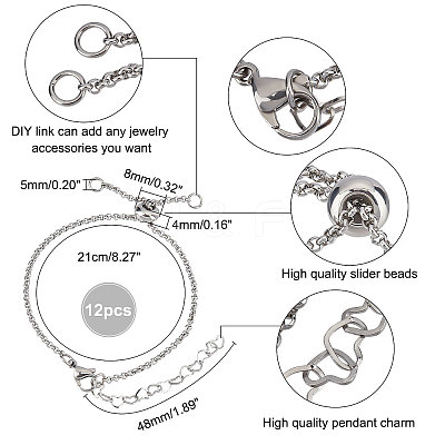 12Pcs 304 Stainless Steel Rolo Chain Slider Bracelet/Bolo Bracelets Making MAK-UN0001-19-1