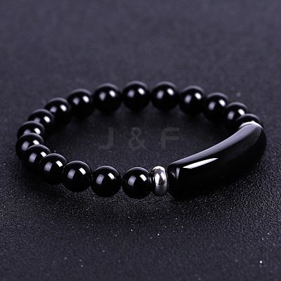 Natural Dyed & Heated Black Agate Curved Rectangle Beaded Stretch Bracelet PW-WG67660-03-1