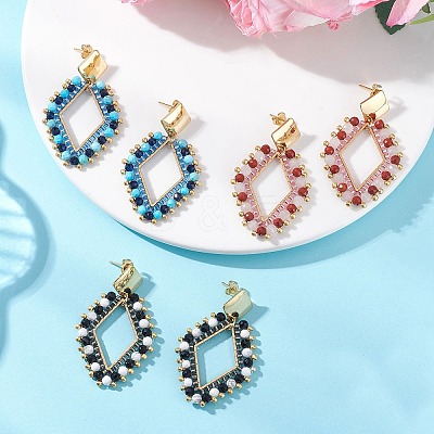 3 Pairs Rhombus Mixed Stone & Glass Seed Beads Dangle Stud Earrings EJEW-MZ00666-1