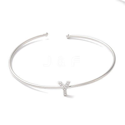 Rack Plating Brass Micro Pave Clear Cubic Zirconia Letter Open Cuff Bangles BJEW-A018-01P-Y-1