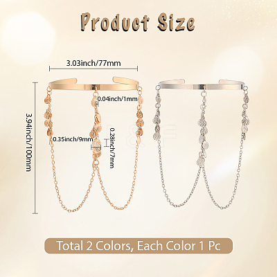 2Pcs 2 Colors Bohemia Style Tassel Alloy Upper Arm Open Cuff Bangles for Women BJEW-CY0001-03A-1