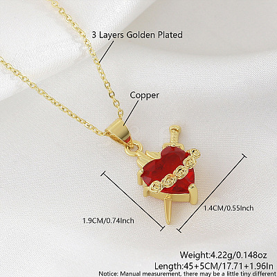 Brass Pave Red Resin Rose Heart with Sword Pendant Necklaces for Women FS-WG476F5-04-1
