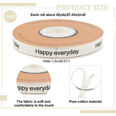 30 Yards Cotton Happy Everyday Word Printed Ribbon OCOR-WH0086-87C-1
