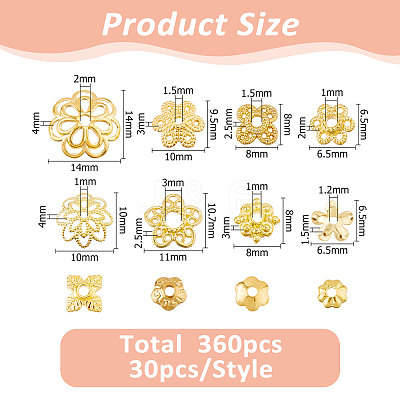 360Pcs 12 Styles 304 Stainless Steel Alloy & Brass Bead Caps FIND-HS0001-90-1