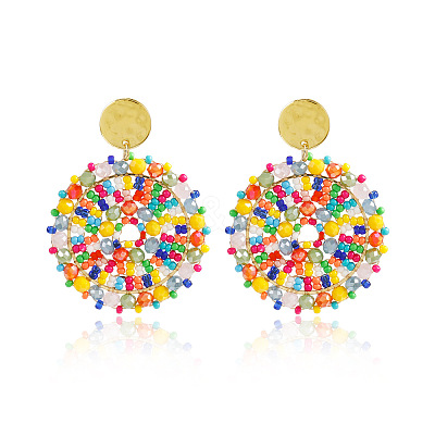 Flat Round 304 Stainless Steel Glass Seed Beads Dangle Stud Earrings FS-WG93238-03-1