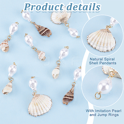 8Pcs 4 Styles Natural Spiral Shell Pendants and ABS Plastic Imitation Pearl Beads PALLOY-PH01748-1