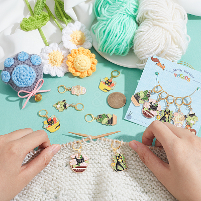 Potted Plant with Cat Alloy Enamel Pendant Stitch Markers HJEW-AB00313-1
