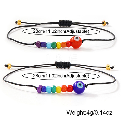 2Pcs Pride Month Evil Eye Glass Seed Beaded & Handmade Lampwork Braided Bead Bracelets MO7433-1-1