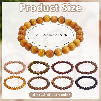 16Pcs 8 Styles Natural Sandalwood Round Beaded Stretch Bracelet for Men Women BJEW-GO0001-36-1