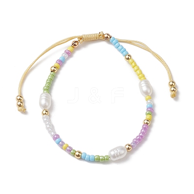 Adjustable Glass Seed Beads & Imitation Pearl Braided Bead Bracelets for Women BJEW-JB10542-1