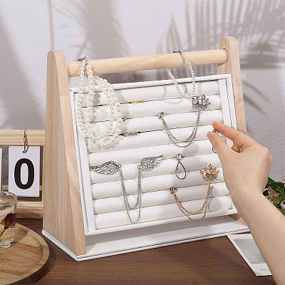 Wood & PU Leather Slant Back Ring Organizer Display Stands RDIS-WH0001-40-1