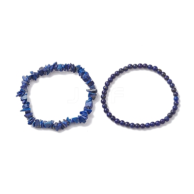 Chip & Round Natural Lapis Lazuli Beaded Stretch Bracelets for Women BJEW-JB10189-07-1