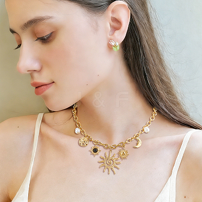 1Pc 304 Stainless Steel Resin & Plastic Pearl Sun Pendant Bib Necklaces NJEW-HS0001-24-1
