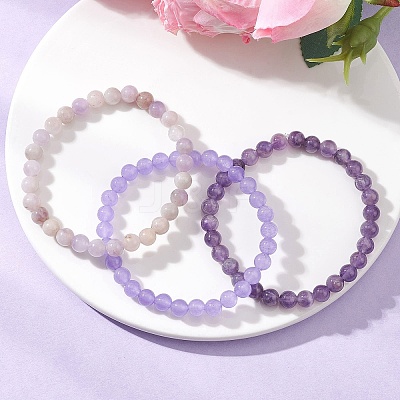 3Pcs Natural Amethyst & Dyed Malaysia Jade & Lavender Amethyst Round Beaded Stretch Bracelets for Women BJEW-JB12835-1