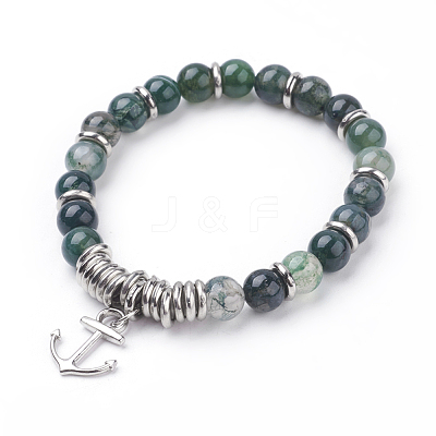Natural Moss Agate Charm Bracelets BJEW-JB03403-03-1