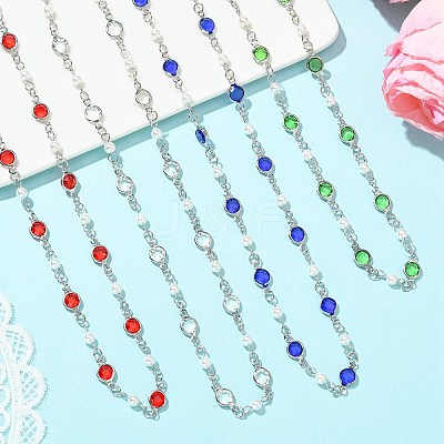 304 Stainless Steel Glass Flat Round Link Chain Necklaces with Shell Pearl for Women NJEW-JN06160-1