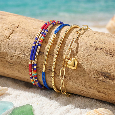 4Pcs 4 Styles Glass Seed Beads Multi-strand Braided Bead Bracelets & Brass Round Beads Stretch Bracelets & Heart 304 Stainless Steel Charm Bracelets & Brass Tube Braided Bracelets Set for Women VV5058-1-1