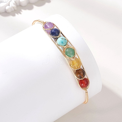 Chakra Natural & Synthetic Mixed Gemstone Round Beads Wire Wrapped Bangles for Women BJEW-TA00714-1