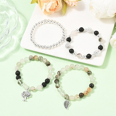 4Pcs 4 Styles Natural Green Lodolite Quartz & Lava Rock Beaded Stretch Bracelet & Alloy Charms Bracelets Sets for Women BJEW-JB12489-1