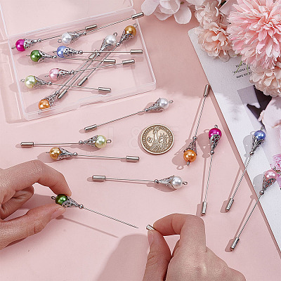 18Pcs 9 Styles Brass & Baking Paint Glass Pearl Round Beads Brooches JEWB-HY00006-1