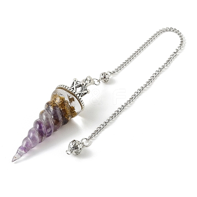 Resin Dowsing Pendulum Pendants with Natural Amethyst Chips inside and Iron Chain & Alloy Caps GG-CBAEAD2-01B-1