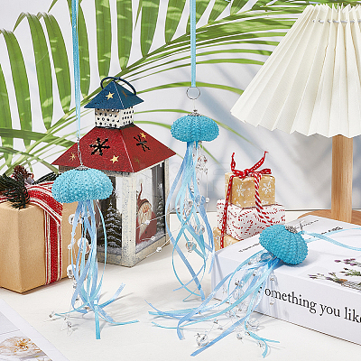 3Pcs Natural Shell Sea Urchin Jellyfish Hanging Ornaments with Crystal and Ribbon HJEW-WH20019-04-1