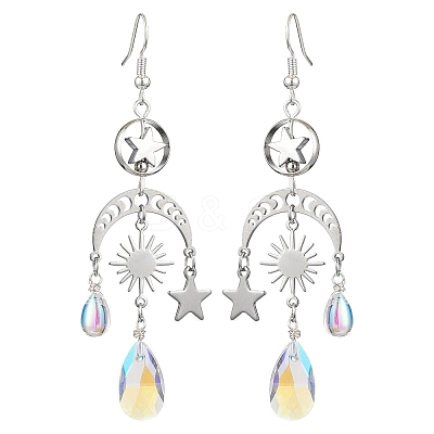 Moon & Star & Teardrop Brass & 304 Stainless Steel Chandelier Earrings EJEW-TA00397-1