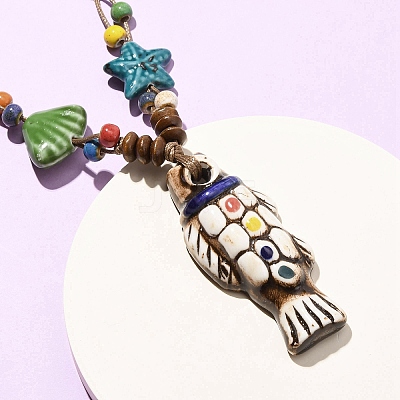 Ceramic Fish Pendant Adjustable Waxed Cord Necklaces for Women LS-NJEW-B146-05-1