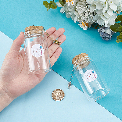 2Pcs 2 Colors Column Transparent Glass Baby Teeth Empty Cork Bottles with Alloy Tooth Tassel Charms and Tooth Picture Stickers AJEW-NB00017-1