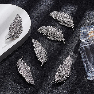 6Pcs Feather Shape Brass Rhinestone Lapel Pins for Backpack Clothes JEWB-UN0002-71A-1