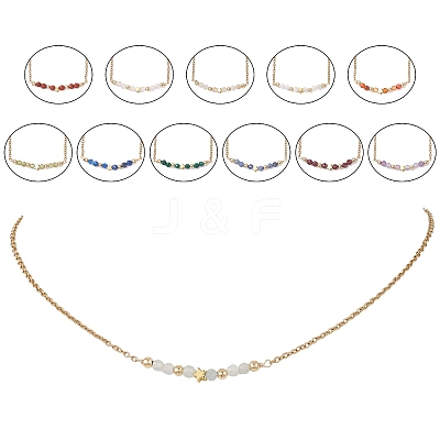 12Pcs 12 Styles Constellation Brass Star & Natural Mixed Stone Faceted Round Beaded Pendant 304 Stainless Steel Cable Chain Necklaces NJEW-JN05612-1