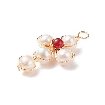 Natural Carnelian & White Freshwater Pearl Pendants PALLOY-JF01660-03-1