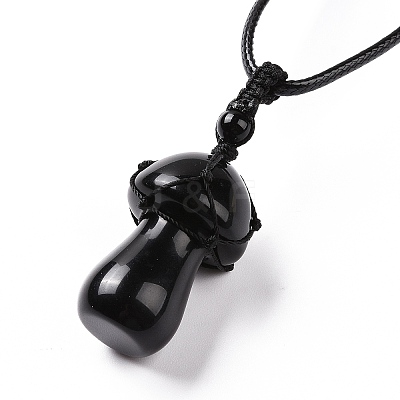 Natural Obsidian Mushroom Pendant Necklace NJEW-E065-01E-1