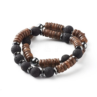Natural Coconut Rondelle Beads Stretch Bracelets Set for Men Women BJEW-JB06771-1